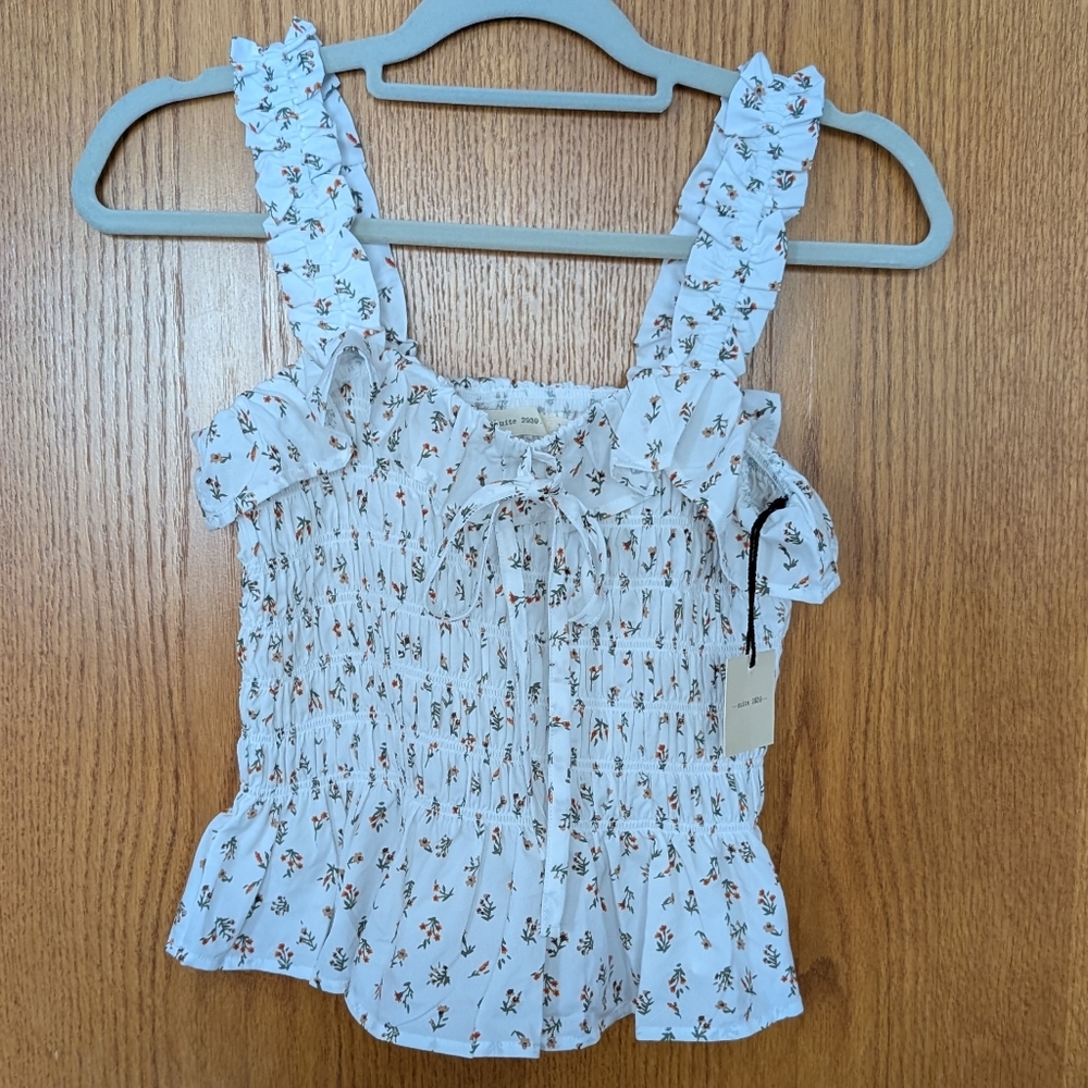 Elegant Floral Ruffle Blouse in White